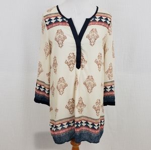 Lucky Brand Tunic Boho Tunic Top Cream Navy Indian Shirt size Small Lightweight